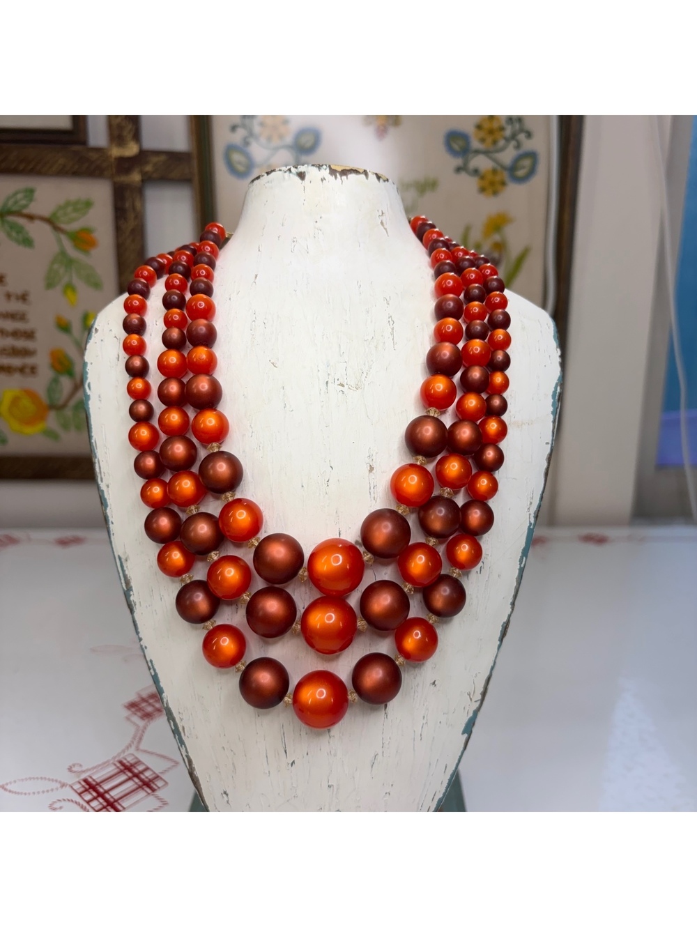Lucite moonglow autumn orange tone 3 strand vintage choker necklace